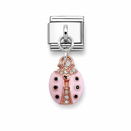 Ladybug dangle charm hanging from silver clasp, pink enamel with crystal details