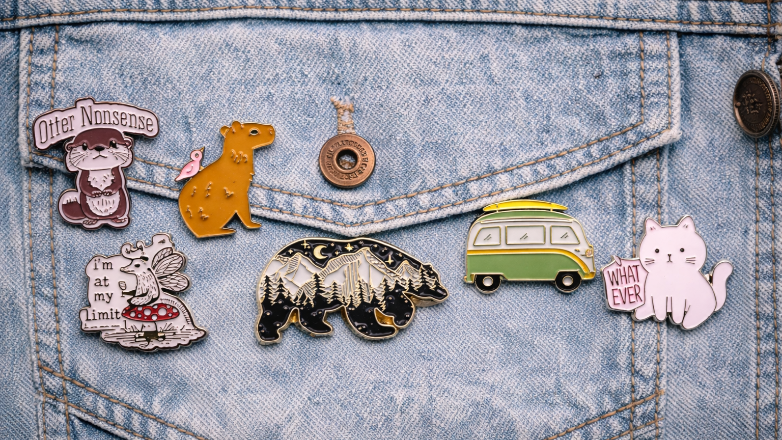 Collection of various pins on a denim jacket