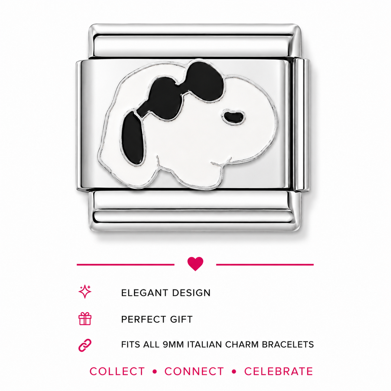 Stainless steel Italian charm with Snoopy silhouette in black and white 