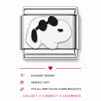 Stainless steel Italian charm with Snoopy silhouette in black and white 
