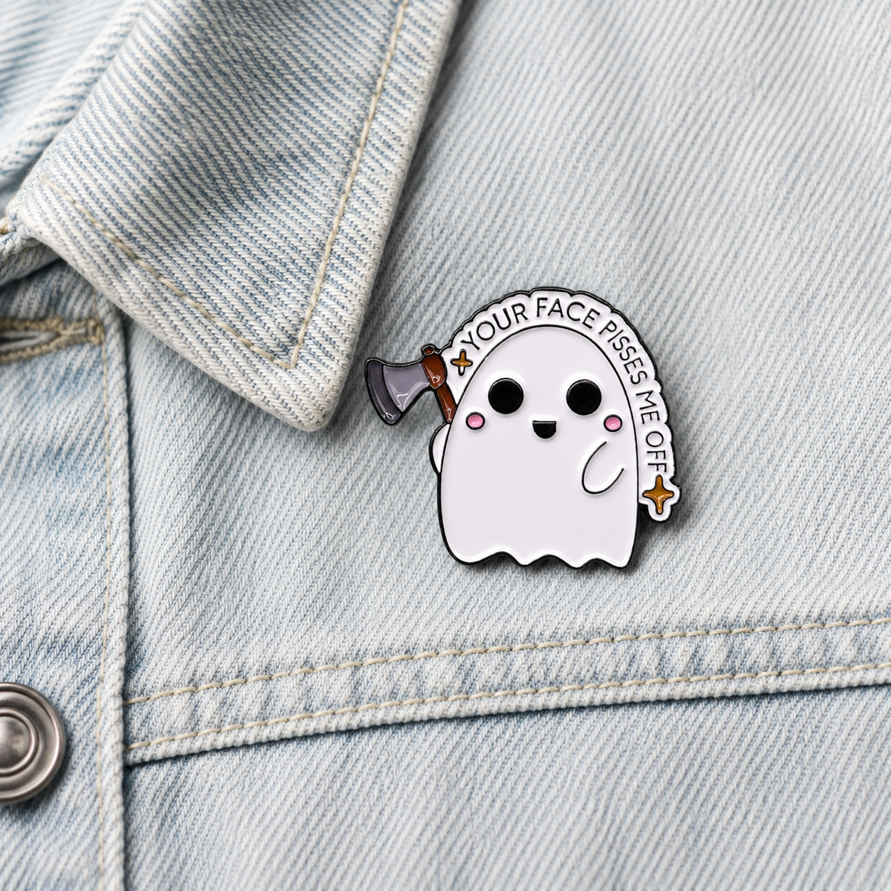 Enamel ghost pin badge with axe charm, curved slogan border, pink cheeks and blush