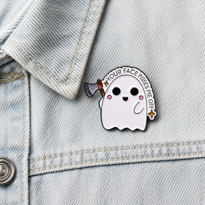 Enamel ghost pin badge with axe charm, curved slogan border, pink cheeks and blush