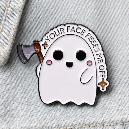 White ghost face enamel pin badge with axe charm, pink eyes, and slogan border
