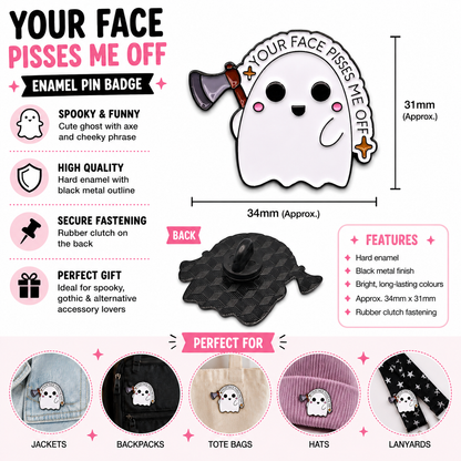 Ghost enamel pin badge with axe, slogan ring, pink blush cheeks and heart details