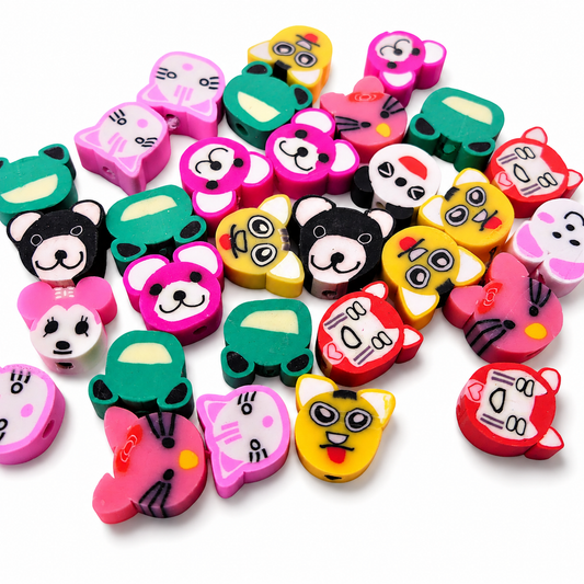 Assorted animal face polymer clay beads in multiple colors, 10mm round shapes