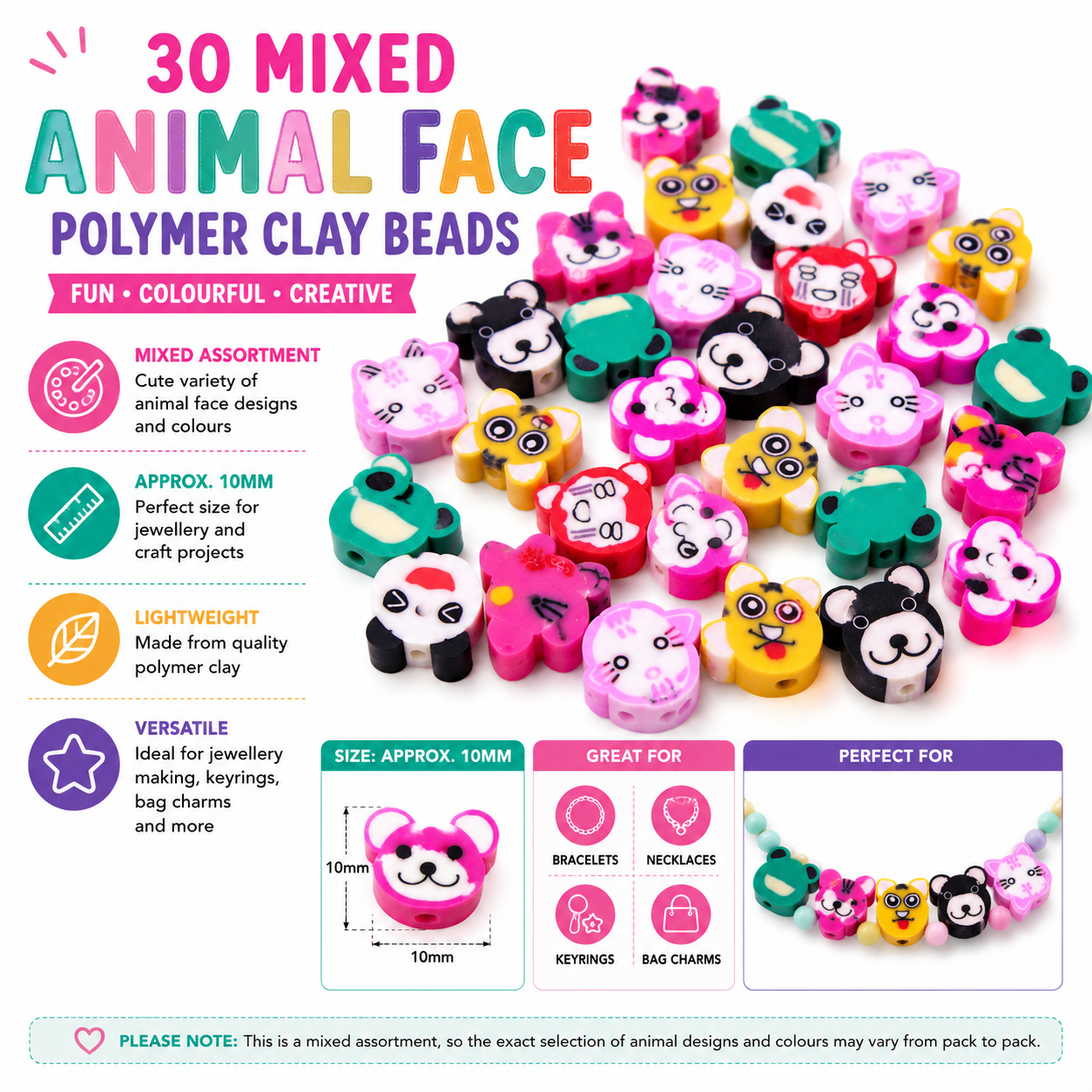 Mixed animal face polymer clay beads, 30-pack in assorted colors for jewelry making