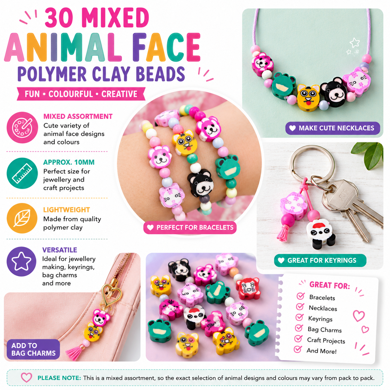 Mixed animal face polymer clay beads shown with necklace and keychain keyring