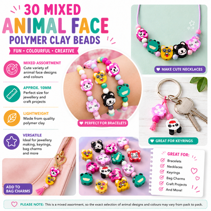 Mixed animal face polymer clay beads shown with necklace and keychain keyring