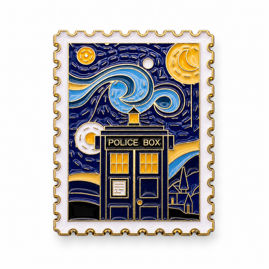 Blue and gold enamel pin badge shaped like a postage stamp with a police box
