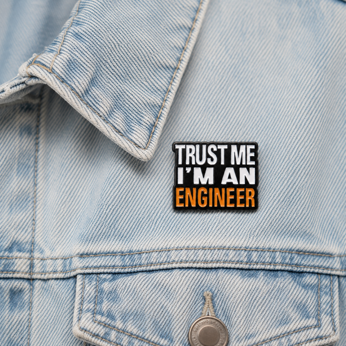 Enamel pin badge “TRUST ME I'M AN ENGINEER” attached to light blue denim jacket