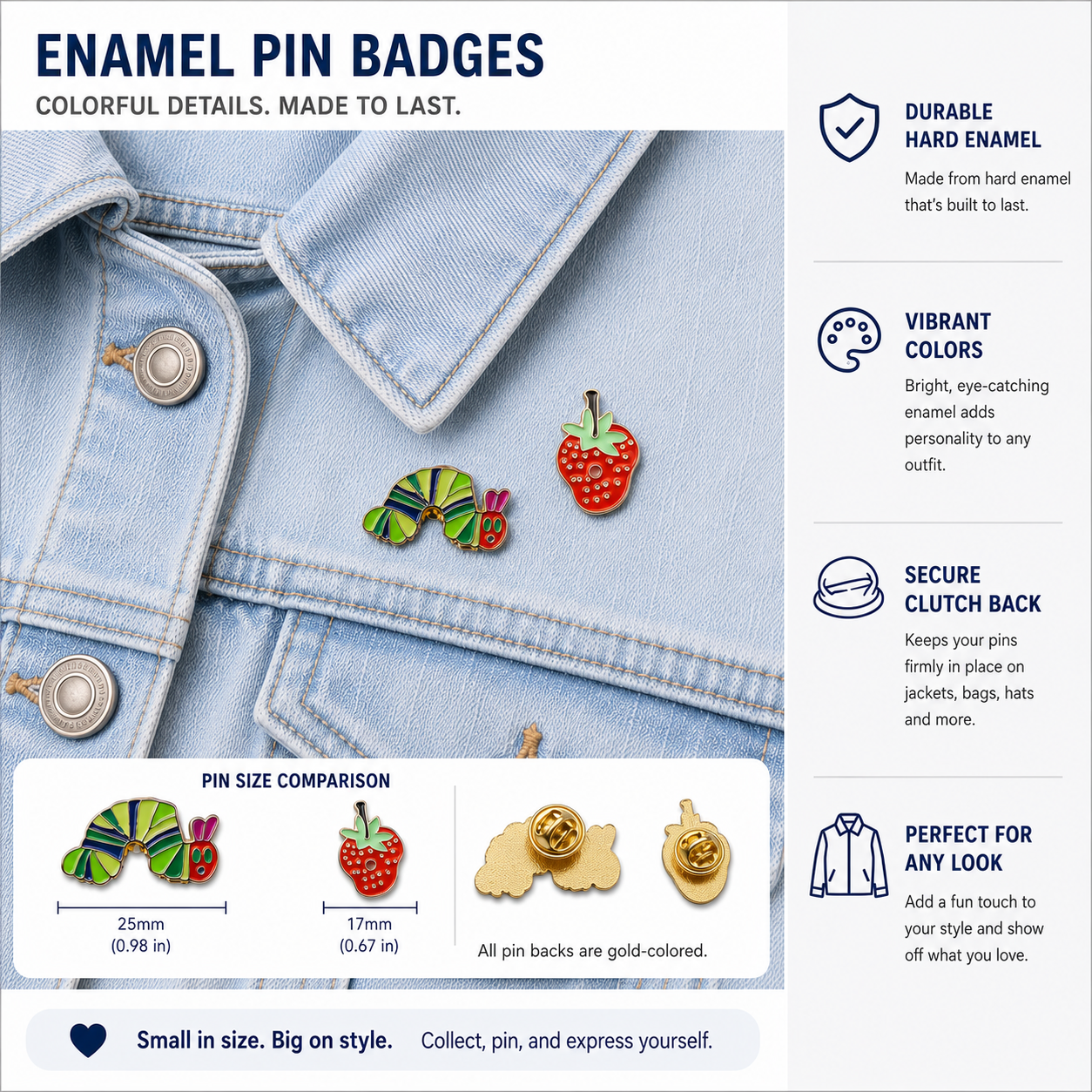 Enamel pin badges on light denim jacket: strawberry and caterpillar designs