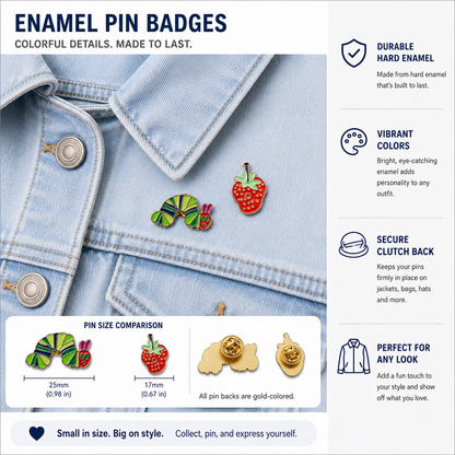 Enamel pin badges on light denim jacket: strawberry and caterpillar designs