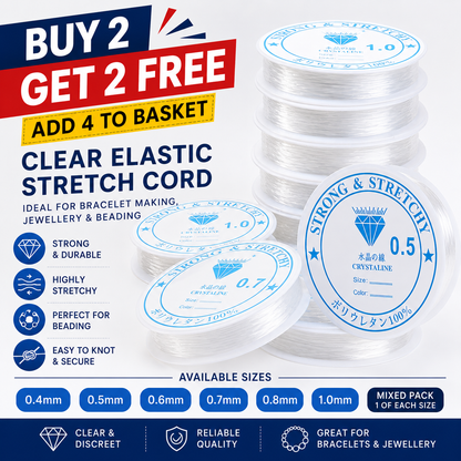 Clear elastic stretch cord spools stacked; blue size options and mixed pack indicator shown.
