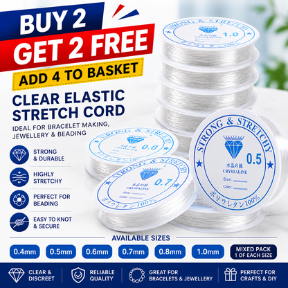 Clear elastic stretch cord spools stacked with blue size options and mixed pack label visible.