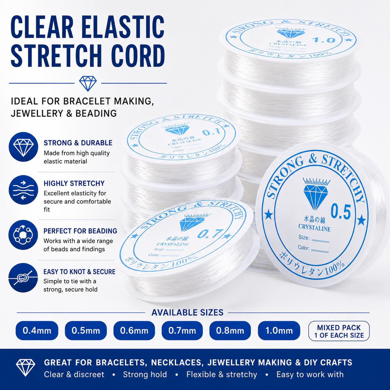 Clear elastic stretch cord on white spools; blue size options from 0.4mm to 1.0mm shown.