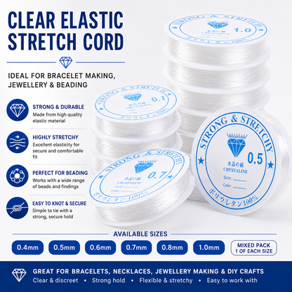 Clear elastic stretch cord on white spools; blue size options from 0.4mm to 1.0mm shown.