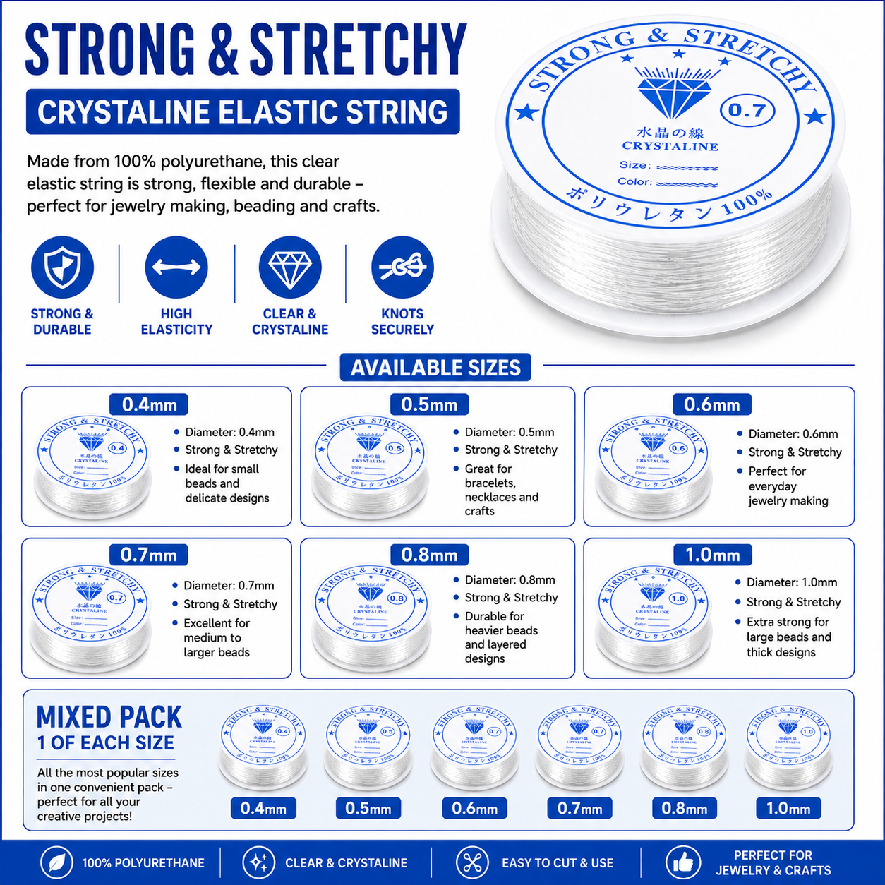 Clear elastic beading cord on white spool, multiple size labels visible in blue.