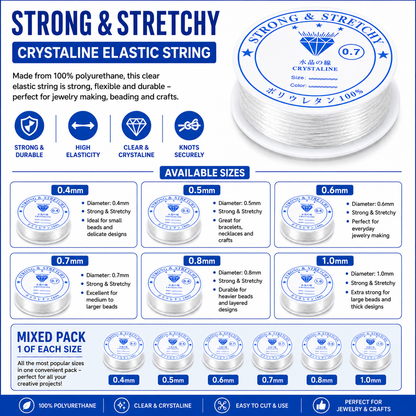 Clear elastic beading cord on white spool, multiple size labels visible in blue.