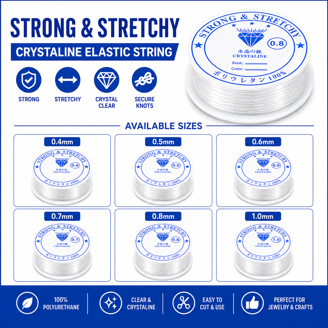 Clear elastic beading thread spools with labeled sizes, 0.4mm to 1.0mm