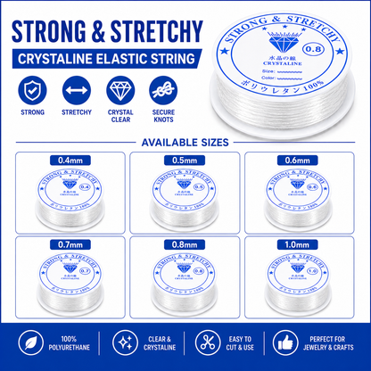 Clear elastic beading thread spools with labeled sizes, 0.4mm to 1.0mm