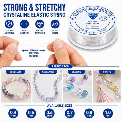 Clear elastic beading cord spool with hands pulling cord; jewelry examples shown below.