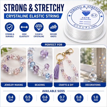 Crystalline elastic string spool with blue label, size 0.7 shown; bracelet and beading icons.
