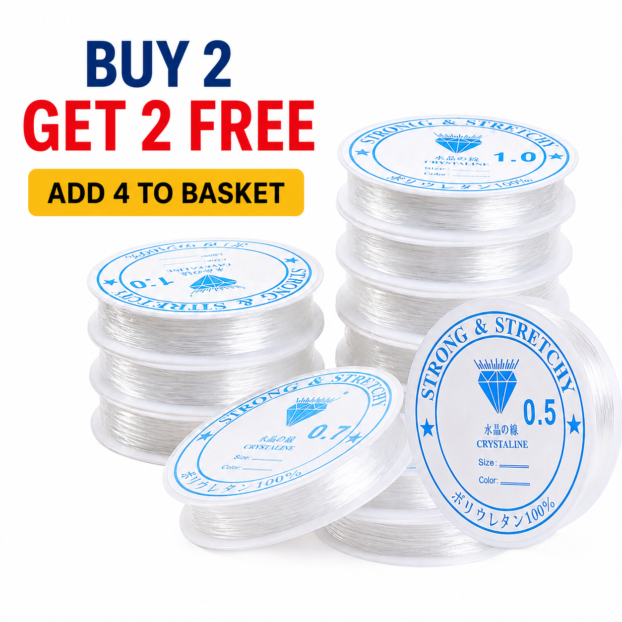 Stacked clear elastic beading thread spools for jewelry making