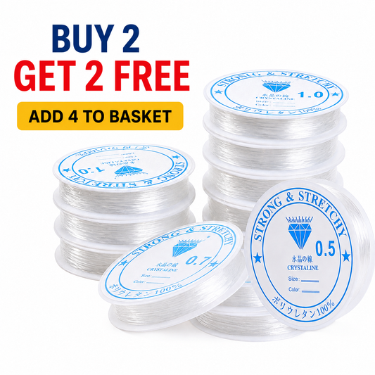 Stacked clear elastic beading thread spools for jewelry making