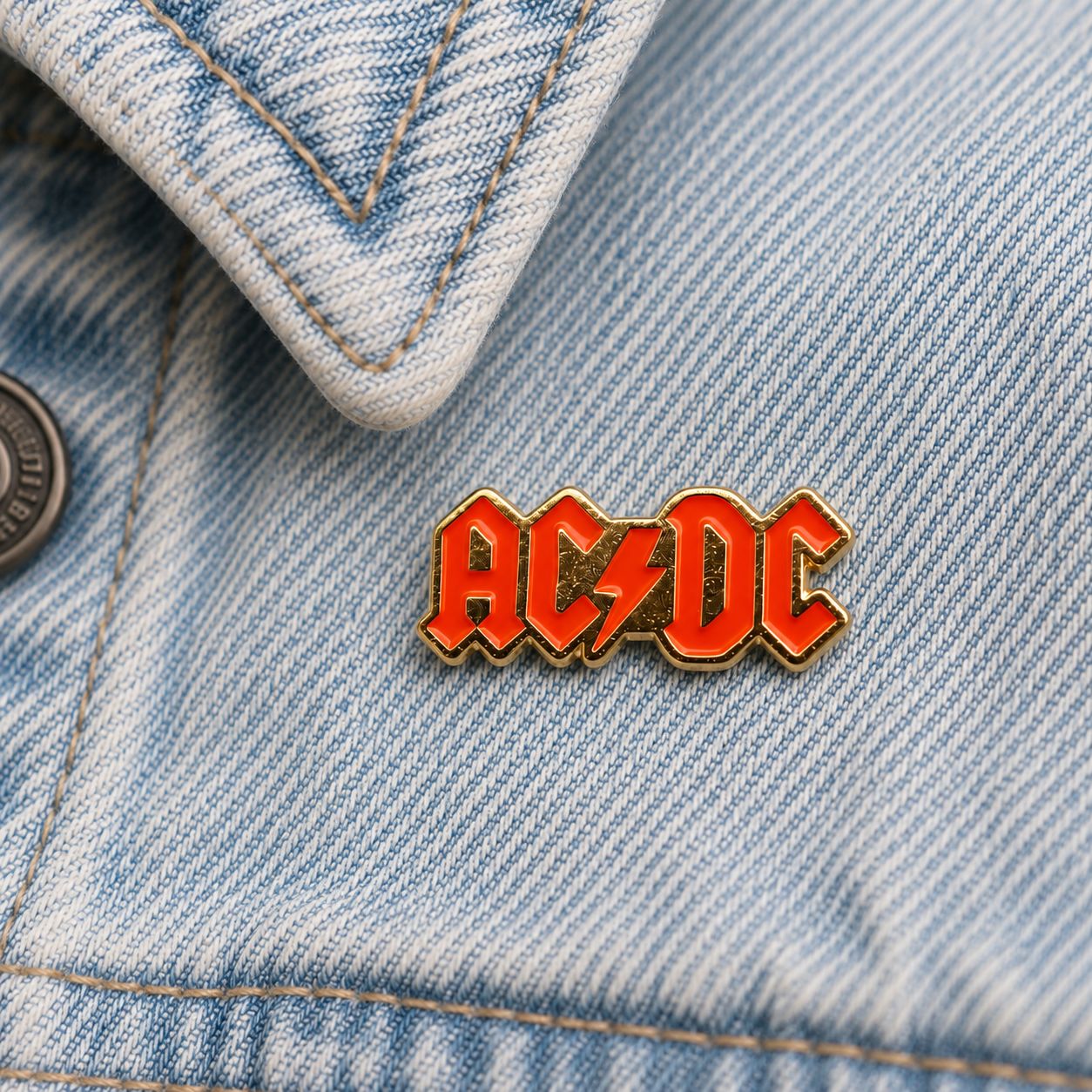 AC/DC enamel pin on light blue denim jacket fabric, red logo with gold edging