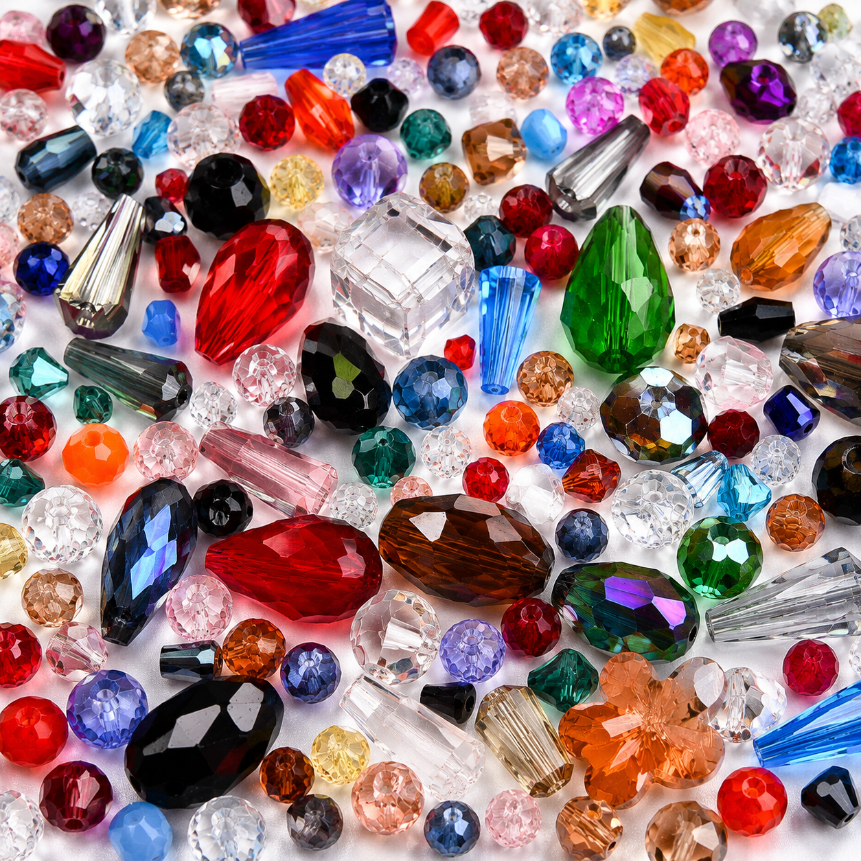 Multicolor mixed glass beads with faceted drops, crystals, and tube shapes
