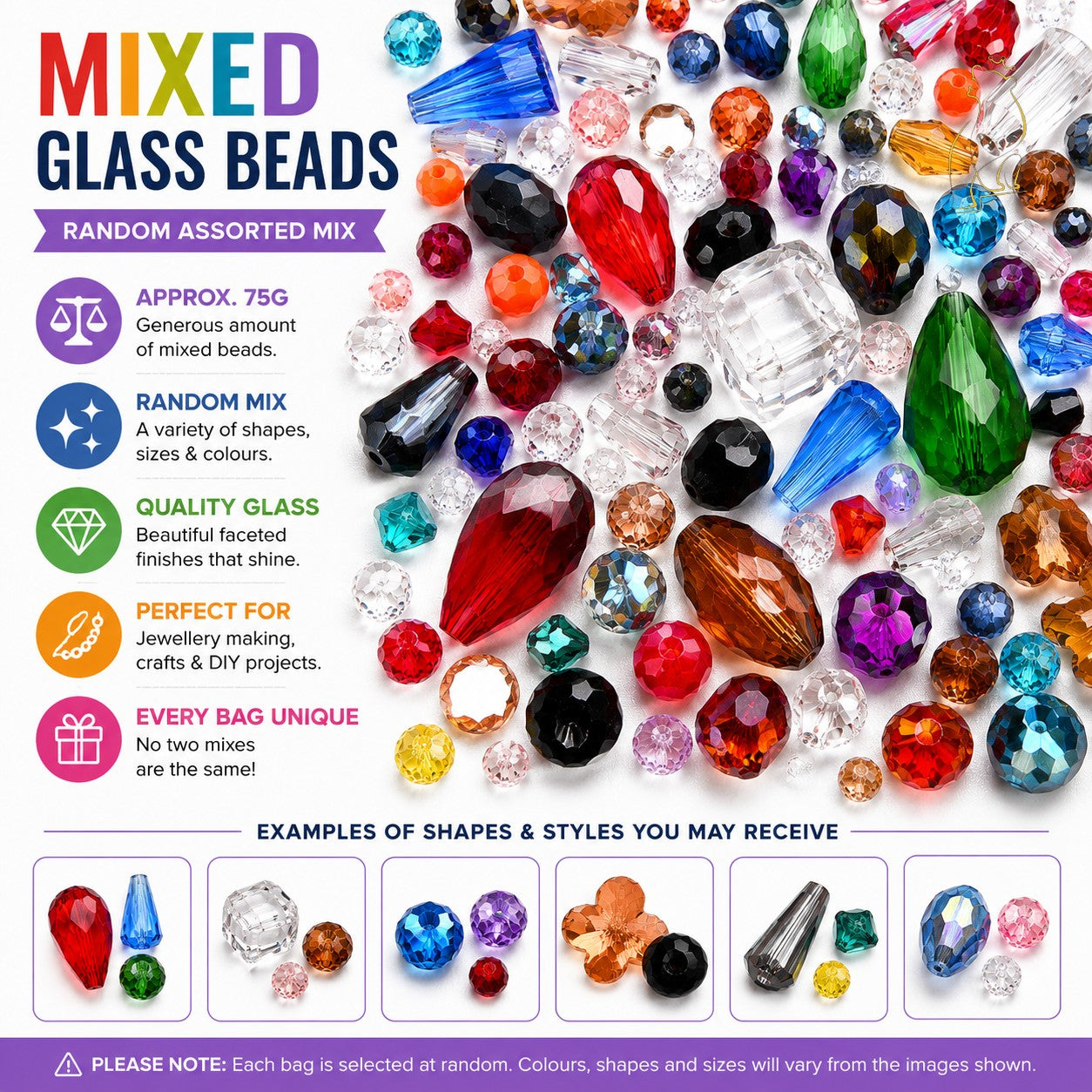 Mixed glass beads with assorted colors and faceted shapes for jewellery making