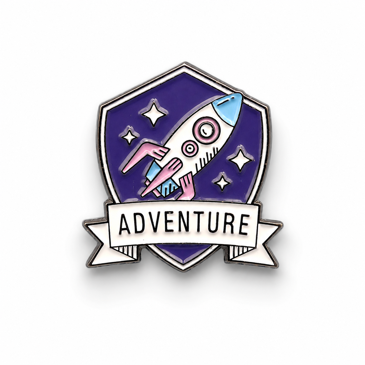 Purple rocket adventure enamel pin badge with shield design and 'ADVENTURE' banner