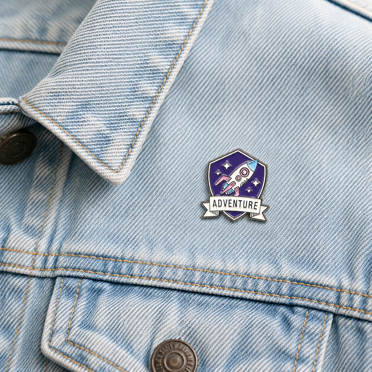 Purple rocket enamel pin badge on light blue denim jacket with butterfly clutch visible