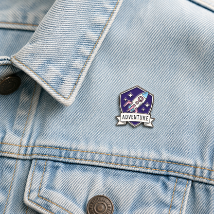 Purple rocket enamel pin badge on light blue denim jacket with butterfly clutch visible