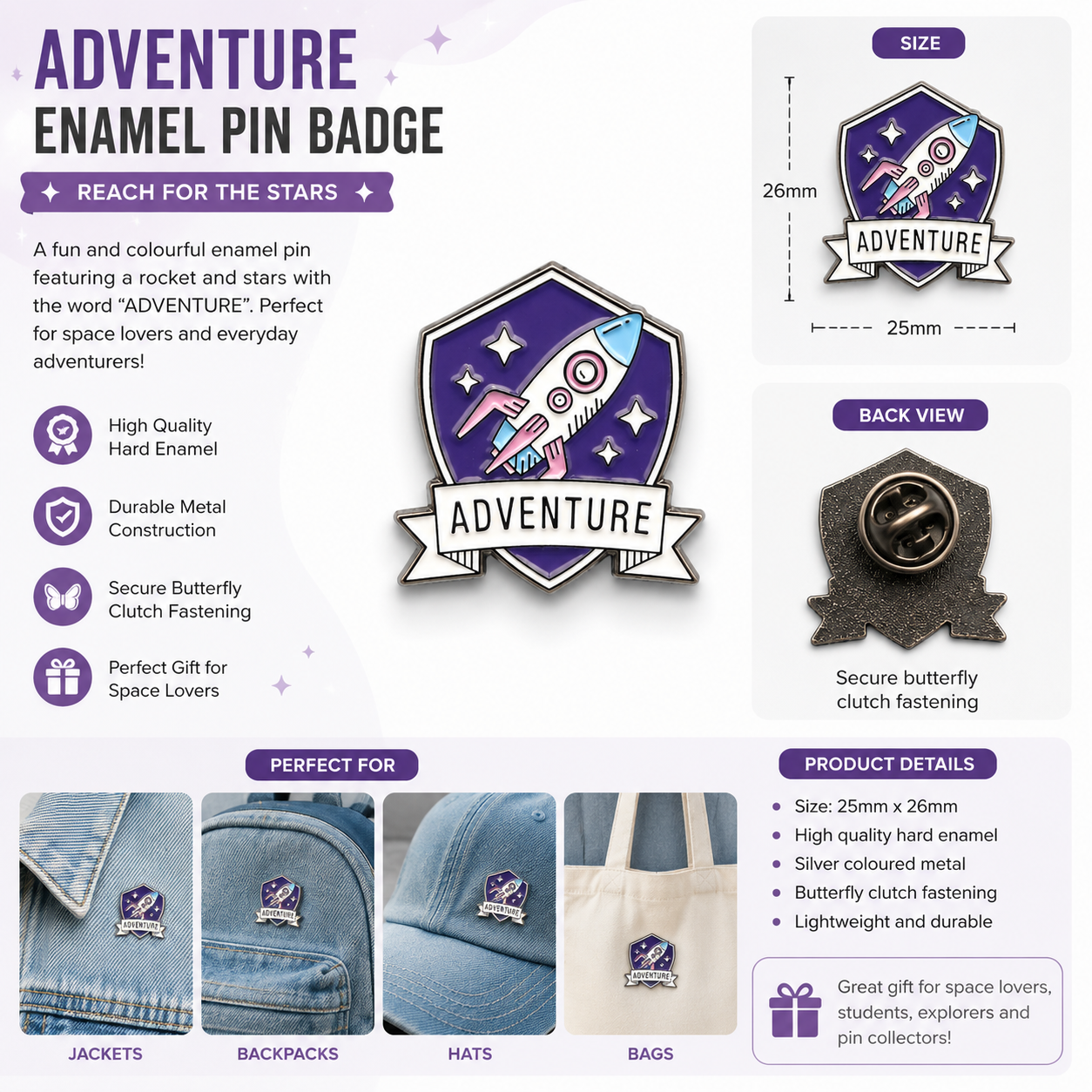 Purple shield rocket enamel pin badge with stars and 'ADVENTURE' banner, front view