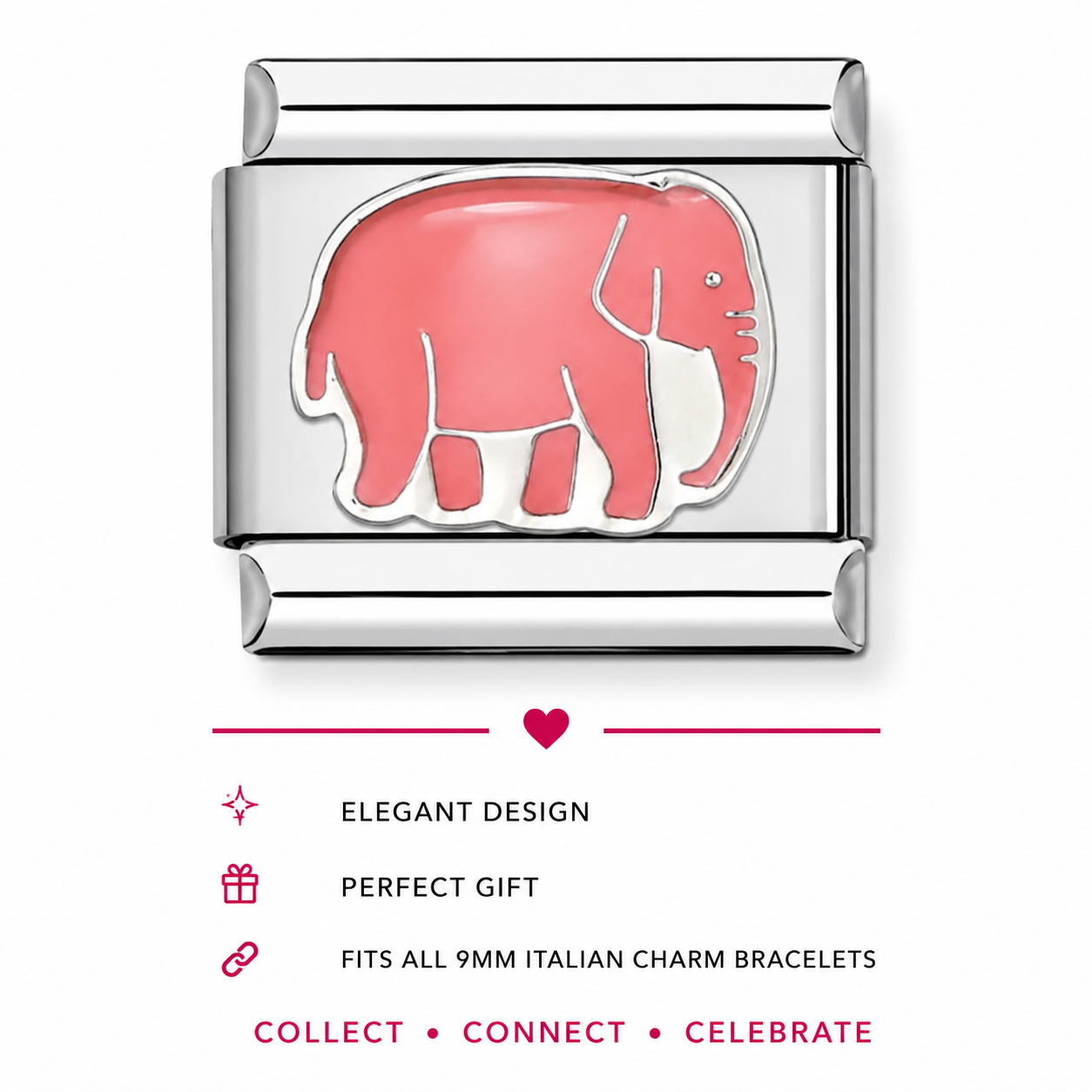 A silver-toned Italian charm bracelet link featuring a pink elephant design in the center, shown on a white background with promotional text below.