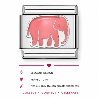 A silver-toned Italian charm bracelet link featuring a pink elephant design in the center, shown on a white background with promotional text below.