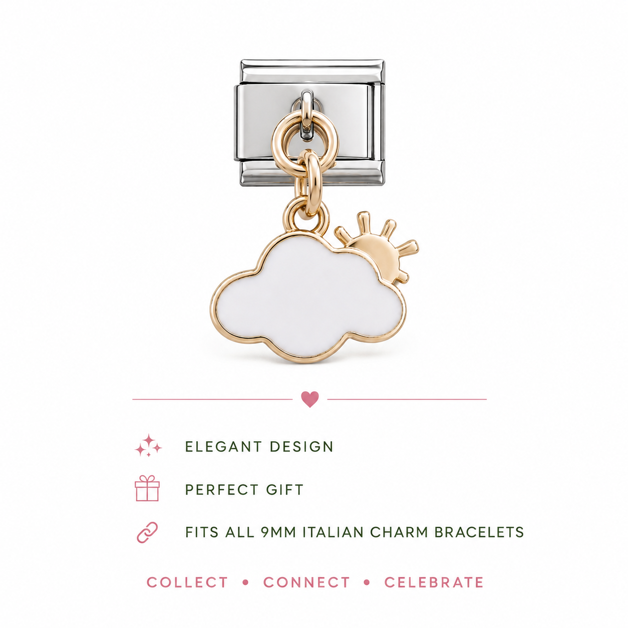 Gold-tone cloud dangle charm with sun rays detail and white enamel, linked hanging