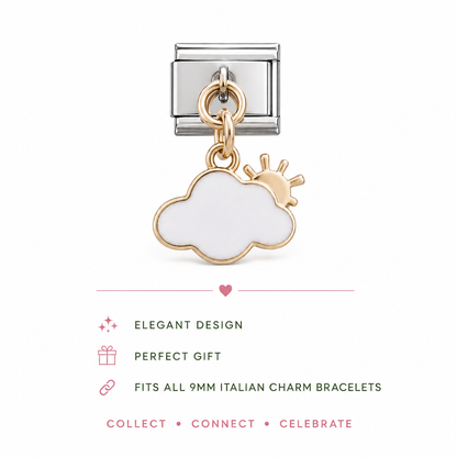 Gold-tone cloud dangle charm with sun rays detail and white enamel, linked hanging