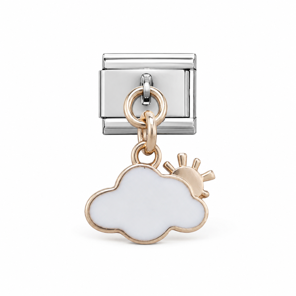 Gold-tone dangle charm with cloud and small sun rays, white enamel, Italian link top