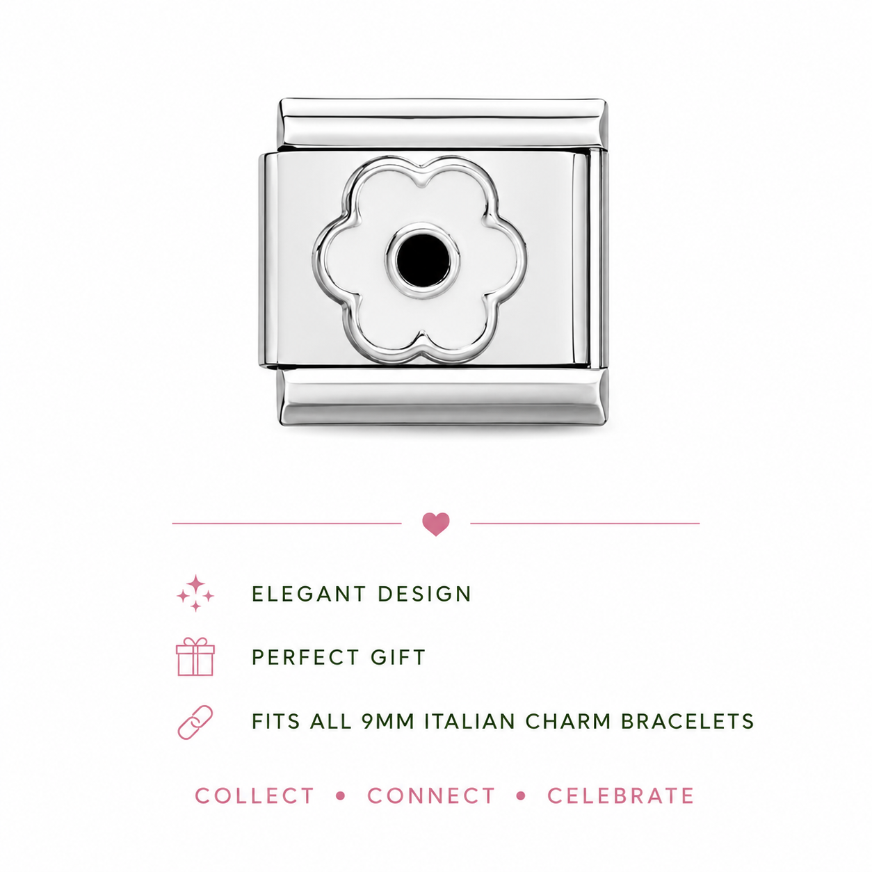 Flower charm link with black center, polished silver openwork petals