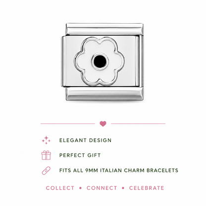 Flower charm link with black center, polished silver openwork petals