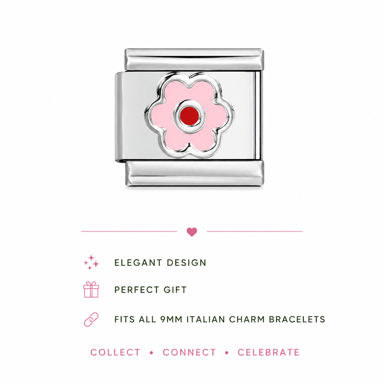 Pink daisy enamel charm with red center on silver rectangular link