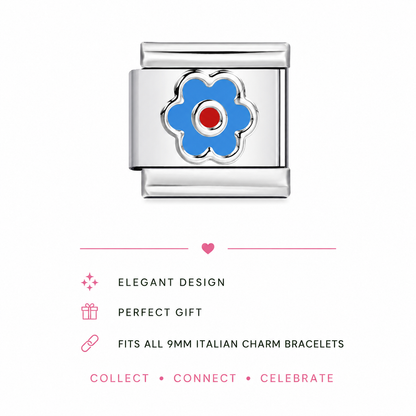 Blue daisy flower charm with red center, blue enamel on silver link clasp