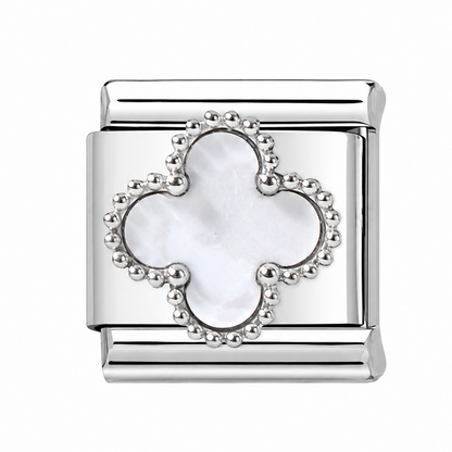 White enamel clover charm with bead-style metal trim on stainless steel link