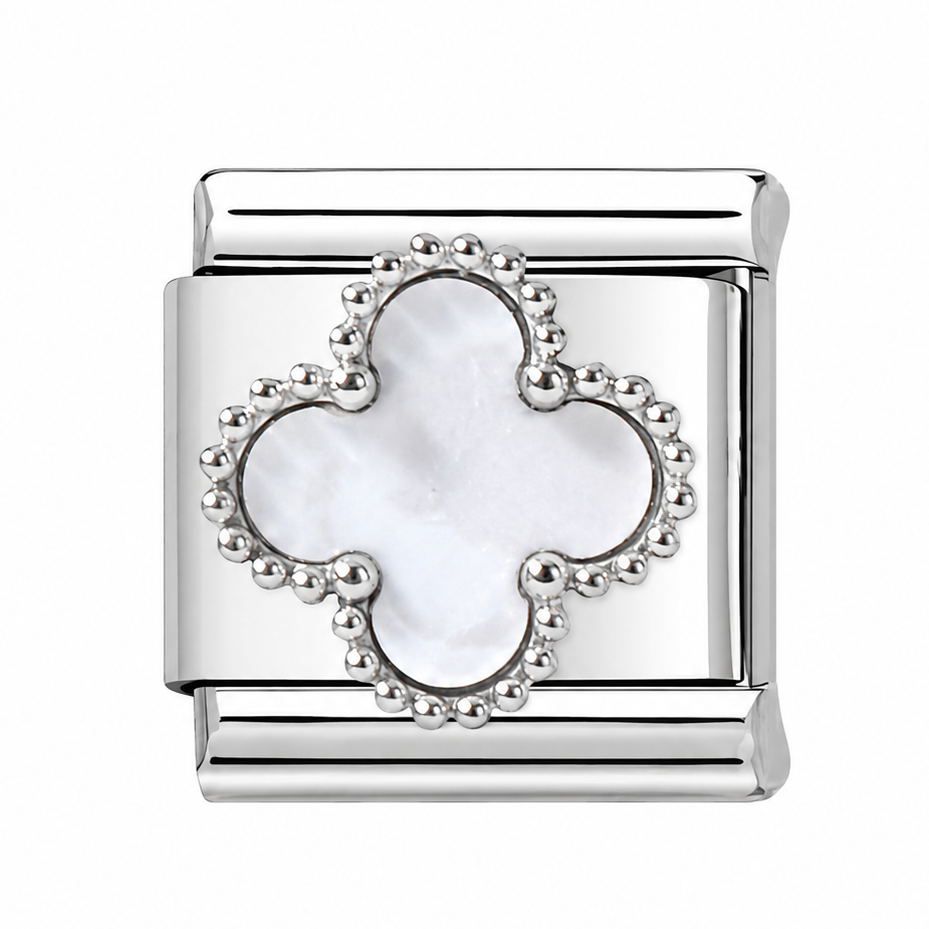 Clover charm with white enamel center and silver-tone surround beads on link