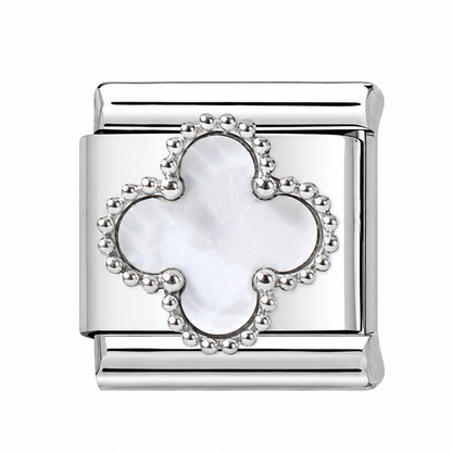Clover charm with white enamel center and silver-tone surround beads on link