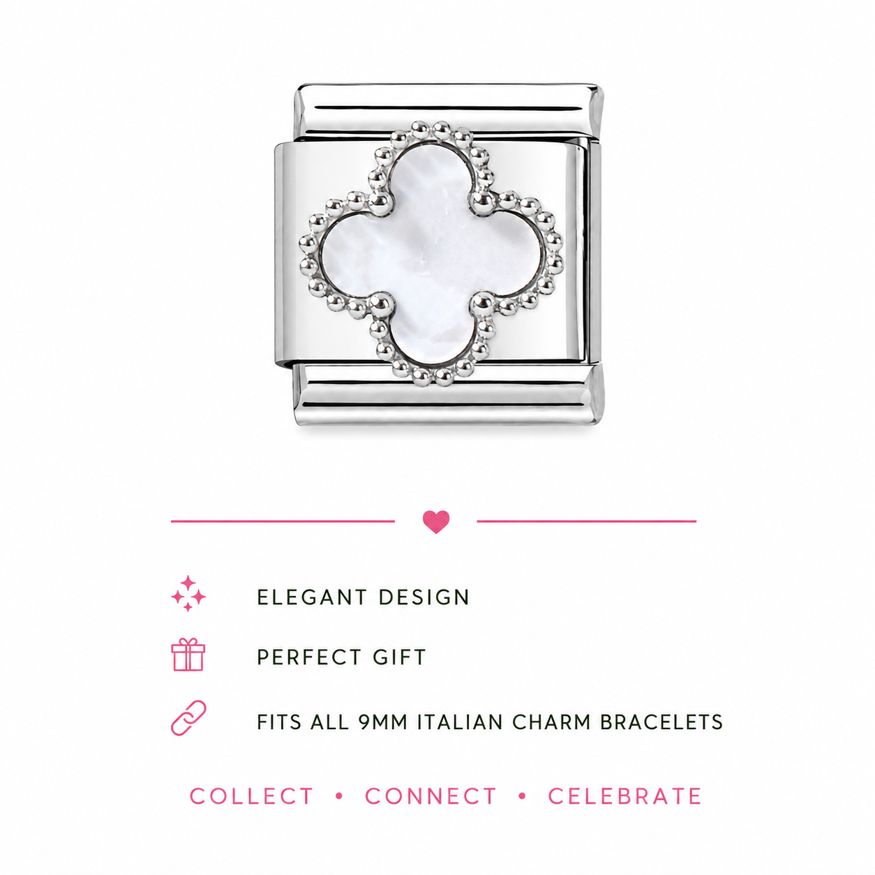 Clover Italian charm in white enamel with silver-tone stainless steel frame