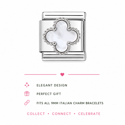 Clover Italian charm in white enamel with silver-tone stainless steel frame