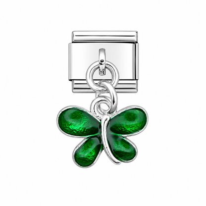 Stainless steel Italian charm with green enamel butterfly and hanging ring